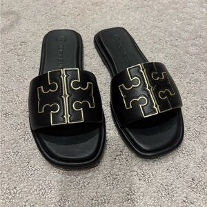 Tory Burch Black Sandals with Gold Logo and Wide Strap